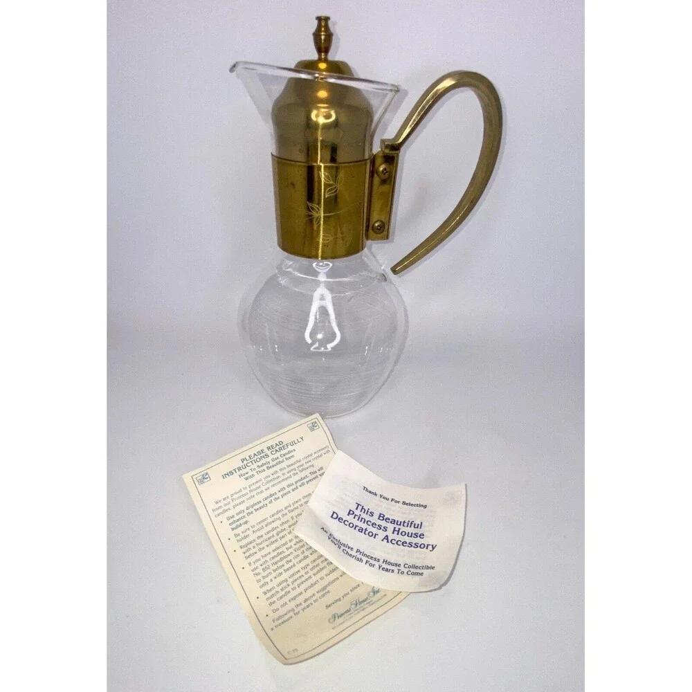 Vtg 70s Princess House Heritage Carafe Corning Glass Bronze Handle Tea Coffee